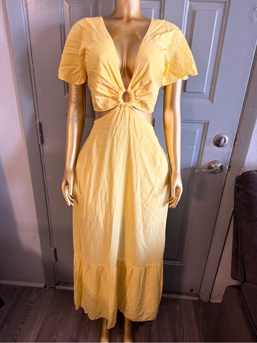 Yellow Cutout Midi Dress with Ring Detail